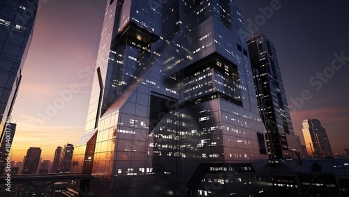 Futuristic highrise tower with dramatic lighting during dusk in metropolitan area