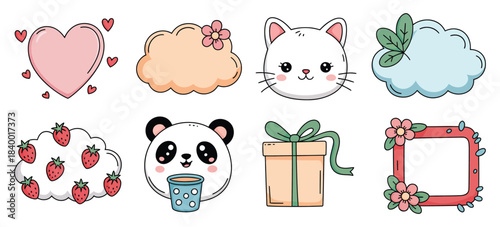 Kawaii Pastel Sticker Collection Featuring Heart, Clouds, Cat, Panda, Strawberries, Gift and Floral Frame in Charming Hand-Drawn Vector Style