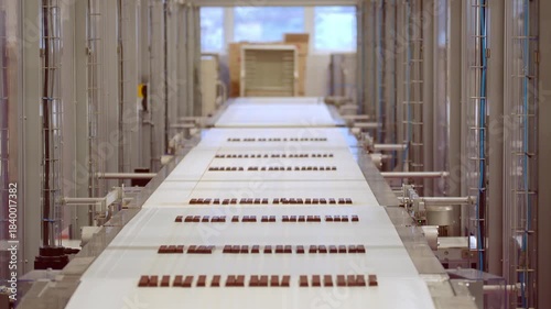 An automated production line with many small chocolates moving in rows along a white conveyor belt inside a clean, modern food factory setting.