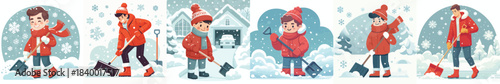 A man is clearing snow. Vector, minimalist, illustration, icon set.