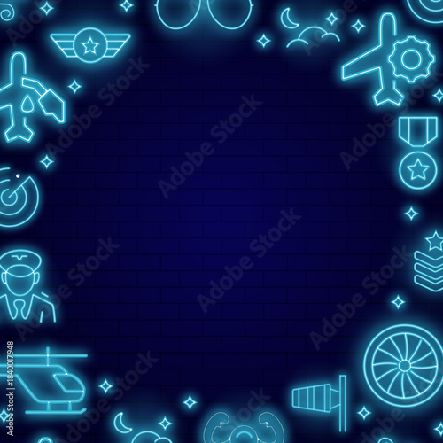 Aviation elements in neon style decorative frame 