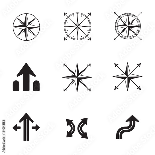 black and white compass icons set for navigation and travel