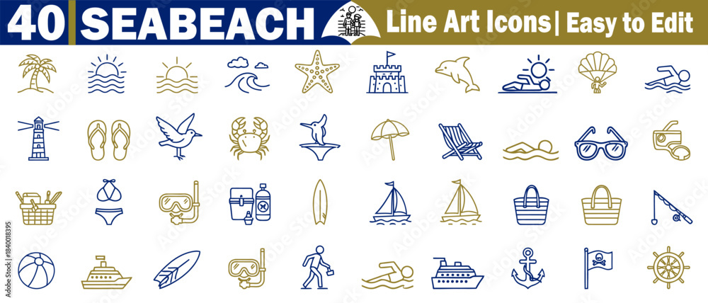 Fototapeta premium Set of 40 seabeach line art icons easy to edit in summer holiday vector illustration.