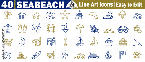 Set of 40 seabeach line art icons easy to edit in summer holiday vector illustration.