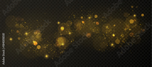 Golden bokeh light swirl with sparkling dust particles on dark backdrop. Festive glitter confetti and stardust creating luminous glow. Transparent isolated sparkle elements for luxury design.