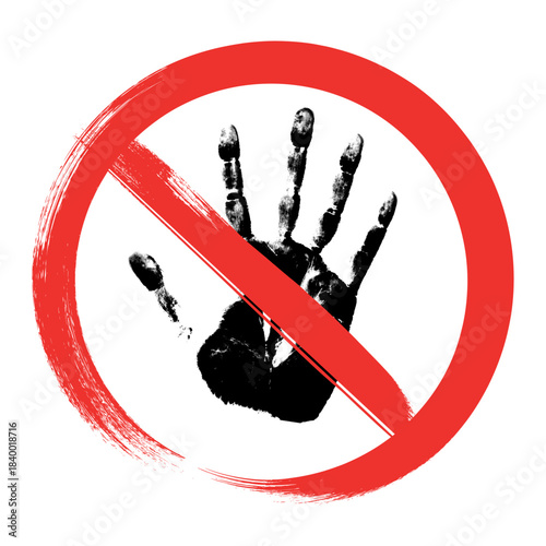 Prohibition hand sign in striking red warns against unauthorized entry. Clear stop symbol communicates danger, restricted access, and forbidden touch zones effectively.
