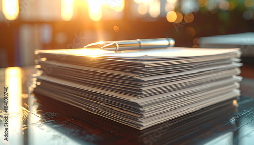 Stack of Papers with Pen: A collection of blank papers neatly stacked with a pen resting atop, bathed in the soft glow of natural light, evoking a sense of anticipation and readiness.
