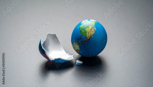 “A small globe beside its broken shell on white surface with red background.”