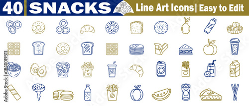 Set of forty different snacks vector line art icons, easy to edit for snack lovers and designers vector elements. 
