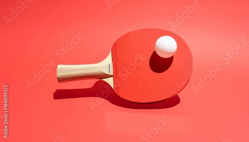 “Red ping pong paddle and white ball on red background with shadow.”
