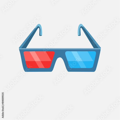 Vibrant flat design illustration of classic red and blue anaglyph 3D glasses, perfect for depicting cinema, virtual reality, or entertainment concepts in digital media