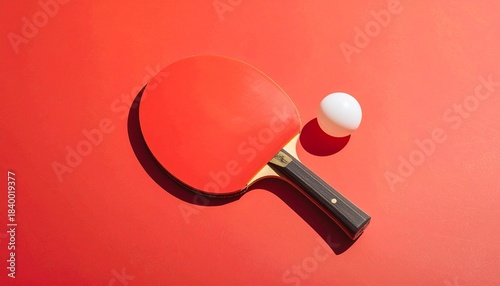 “Red ping pong paddle and white ball on red background with shadow.”