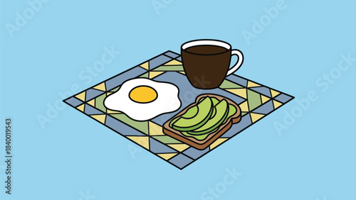 Isometric Breakfast Illustration: Avocado Toast, Fried Egg, and Coffee on a Patterned Mat, Healthy Morning Meal Flat Design