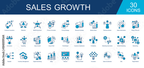 Sales Growth Icon Set Collection. Covers Customer Acquisition, Retention, Market Expansion, Product Innovation, Pricing Strategy, Revenue Increase. Simple Vector Blue Illustration