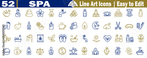 Collection of fifty-two spa icons set in a modern line art style, easy to edit and customize vector illustration. 