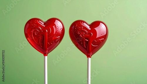 “A red heart-shaped lollipop on a white stick against a light green background.”