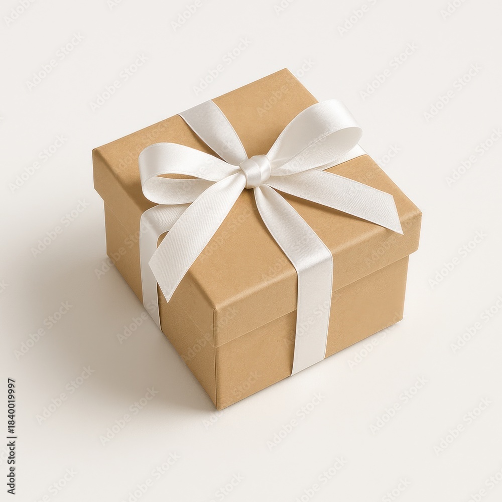 Obraz premium Professional studio photo single square kraft paper gift box with wide white satin ribbon bow placed slightly off center on smooth white surface