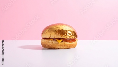 “A hamburger with a metallic gold bun, cheese, and ketchup on white surface against pink background.”