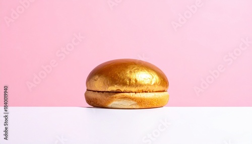 “A hamburger with a metallic gold bun, cheese, and ketchup on white surface against pink background.”