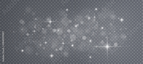 White glowing stars with bokeh light effects on transparent background. Magical sparkle particles, shimmering confetti and bright luminous stardust in festive atmosphere for holiday designs.