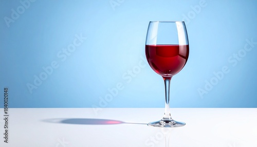 “A clear wine glass filled with red wine on a reflective white surface against a light blue background.”