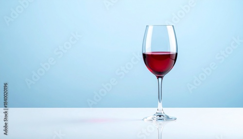 “A clear wine glass filled with red wine on a reflective white surface against a light blue background.”