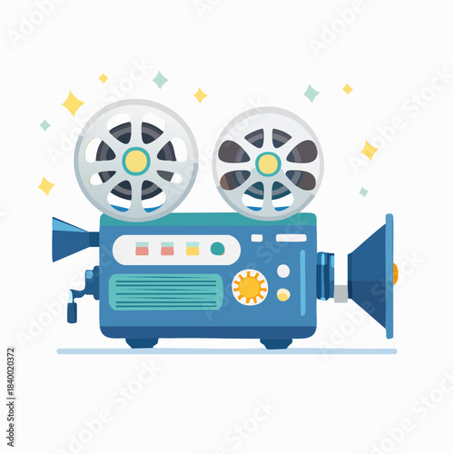 Vibrant Retro Cartoon Film Projector Illustration Featuring Sparkling Stars, Symbolizing Classic Cinema, Movie Entertainment, and Creative Video Production Concepts