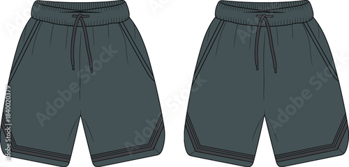 Cad drawing flat vector, athletic shorts technical sketch, fashion design template, garment construction outline, clothing mockup, editable illustration, side-by-side view, drawstring waistband
