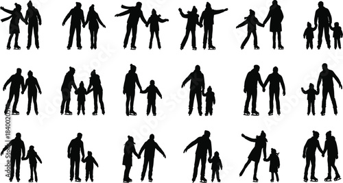 Cad drawing flat vector, ice skating silhouette set, winter activity illustration, people skating poses, family fun, black fill style, dynamic movement collection