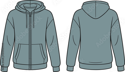 Cad drawing flat vector, zip-up hoodie technical sketch, fashion design template, garment construction outline, clothing mockup, editable illustration, front and back view, drawstring hood