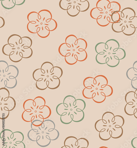 Japanese Curl Line Cherry Blossom Vector Seamless Pattern
