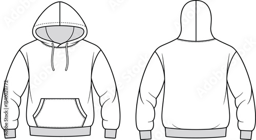 Cad drawing flat vector, hoodie technical sketch, fashion design template, garment construction outline, clothing mockup, editable illustration, front and back view, kangaroo pocket hoodie