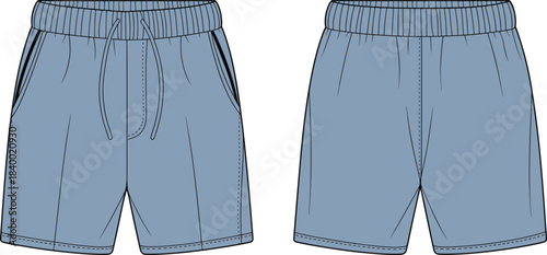 Cad drawing flat vector, athletic shorts technical sketch, fashion design template, garment construction outline, clothing mockup, editable illustration, front and back view, drawstring waistband