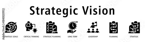 Strategic Vision banner with icons of strategic goals, critical thinking, strategic planning, long term, leadership, planning, and strategic to represent clear business direction.