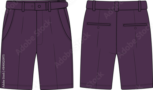 Cad drawing flat vector, tailored pleated shorts sketch, fashion design template, garment construction outline, clothing mockup, editable illustration, front and back view, welt pockets