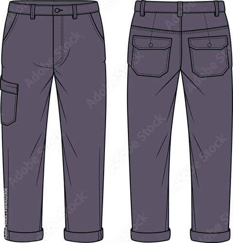 Cad drawing flat vector, cargo pants technical sketch, fashion design template, garment mockup, clothing construction outline, editable illustration, front and back view, cuffed style