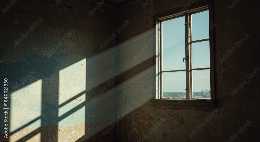 Obraz premium Sunbeams piercing a dilapidated room