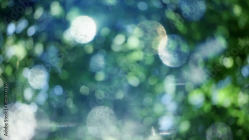 夏の太陽の暑く強い日差し　木々の葉から差し込むさわやかな木漏れ日の光とキラキラの輝く明るい丸ボケと光芒　アウトドア・季節・夏休み・日焼け・バカンス・旅行・洗濯のイメージ背景