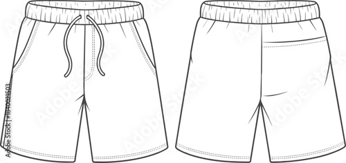 Cad drawing flat vector, shorts technical sketch, fashion design template, garment outline, clothing mockup, apparel construction, editable illustration