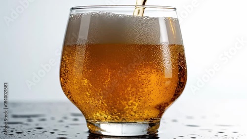Refreshing Beer Poured into a Glass with Bubbles and Foam.