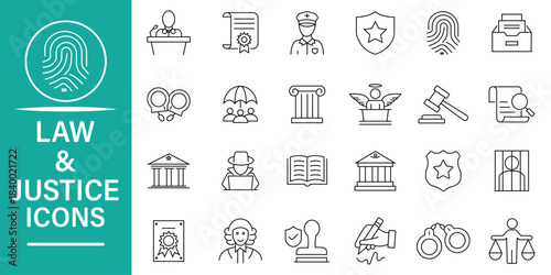 Law and Justice line icon set. Set of 24 outline icons related to agreement, insurance, legal, lawyer, judgment, authority and more concept. Vector illustration, trendy line icon set.