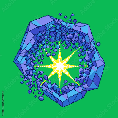 A blue polygonal crystal structure shatters into fragments around a radiant yellow starburst on a vibrant green background.