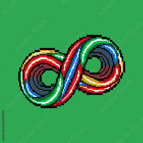 Pixel art infinity symbol with intertwined colorful bands on a solid green background, representing endless possibilities and connection.