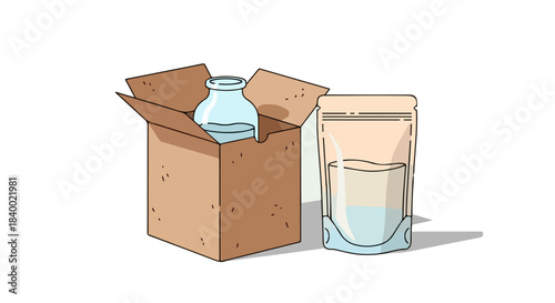 Contemporary and classic liquid packaging solutions, featuring a glass bottle in a cardboard delivery box and a modern stand-up pouch for various products