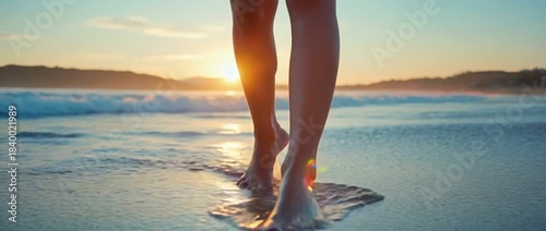 Barefoot stroll at dawn: a person walking barefoot on the shoreline, the warm sun rising over the horizon, reflecting the peace and tranquility of morning