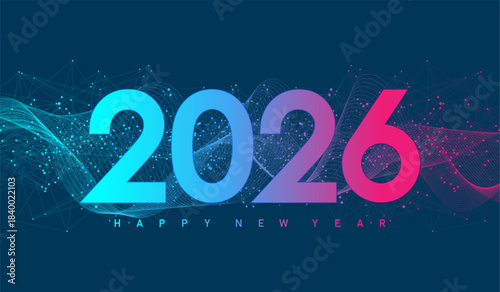 Christmas poster template 2026 in the style of new digits electronic technology. Tech digital banner or header 2026 New year. New year, merry christmas 2026 congratulations card in cyber design