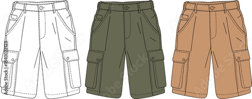 Cad drawing flat vector, cargo shorts illustration, fashion design template, apparel sketch, clothing mockup, technical garment drawing, editable outline