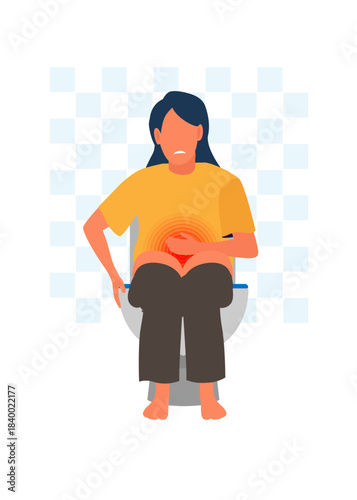 Woman holding her stomach in the toilet stock illustration