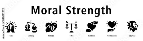 Moral strength icon vector concept highlighting faith, morality, honesty, courage, compassion, and strong ethical character.