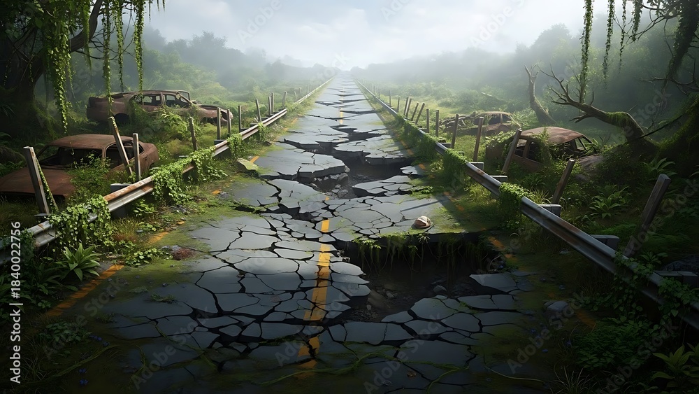 Naklejka premium Nature Reclaims Abandoned Post Apocalyptic Highway 